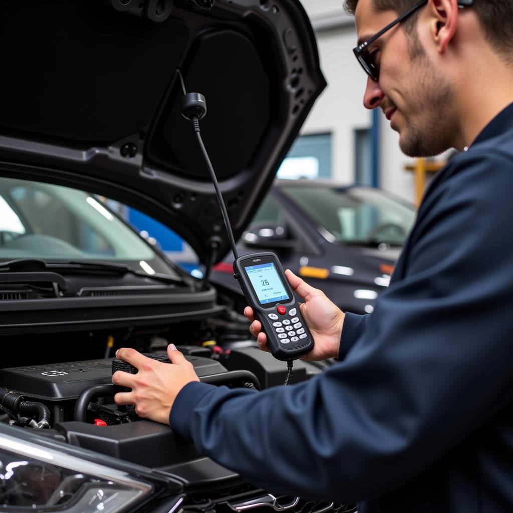 Mechanic Diagnosing Hyundai i20 Engine Bay