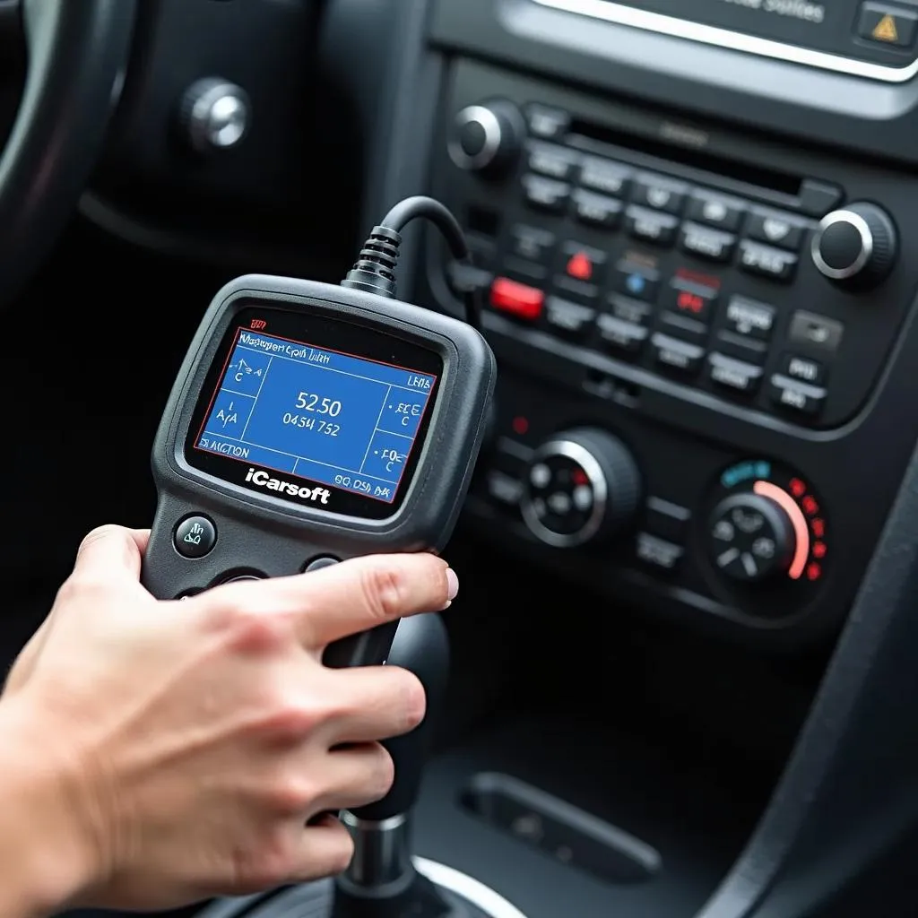 iCarsoft OP II OBD2 Scanner connected to a car's OBD2 port.