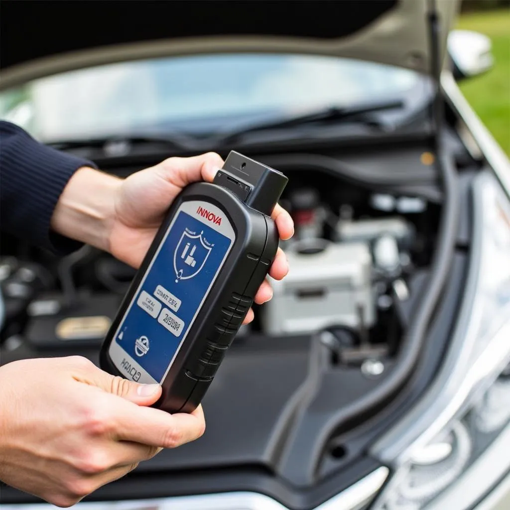 A person using the Innova 3140 OBD2 Scanner to diagnose their car