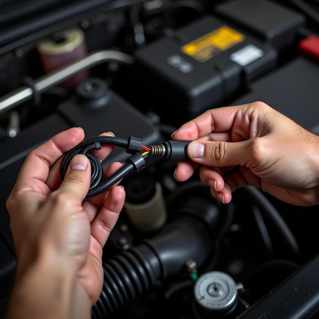 Mechanic Inspecting Oxygen Sensor Wiring for P0130 Code