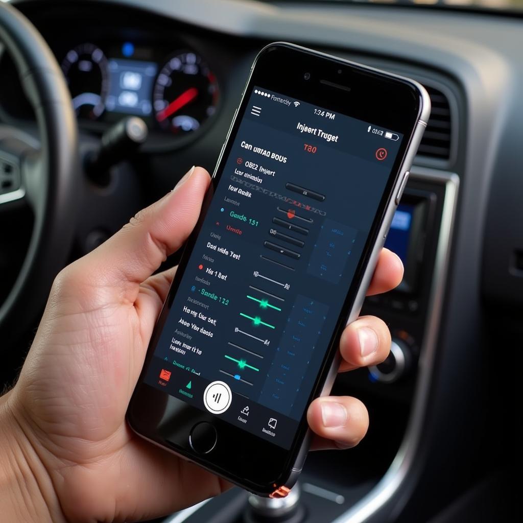 iPhone displaying an OBD2 app conducting an injector buzz test