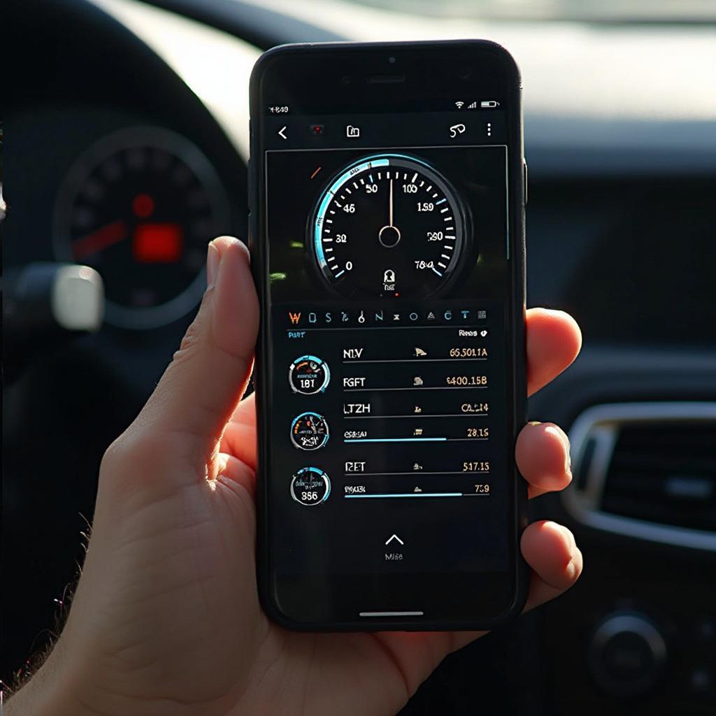 iPhone displaying a custom OBD2 data dashboard