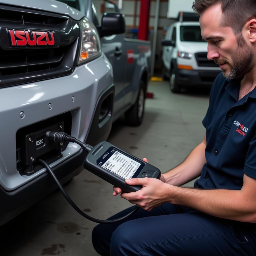 Mechanic Using an OBD2 Scanner on an Isuzu