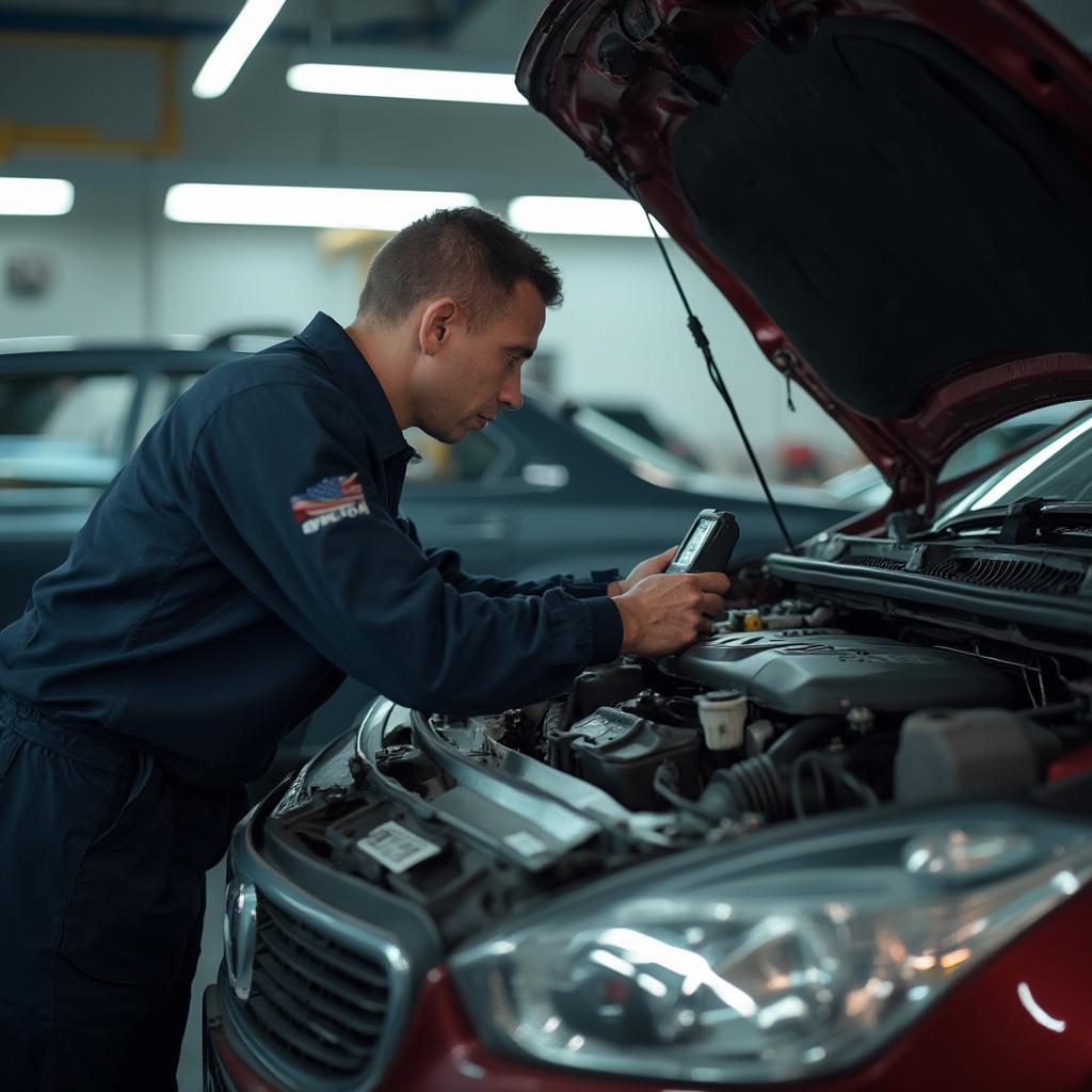 Mechanic in Italy using OBD2 scanner on a car