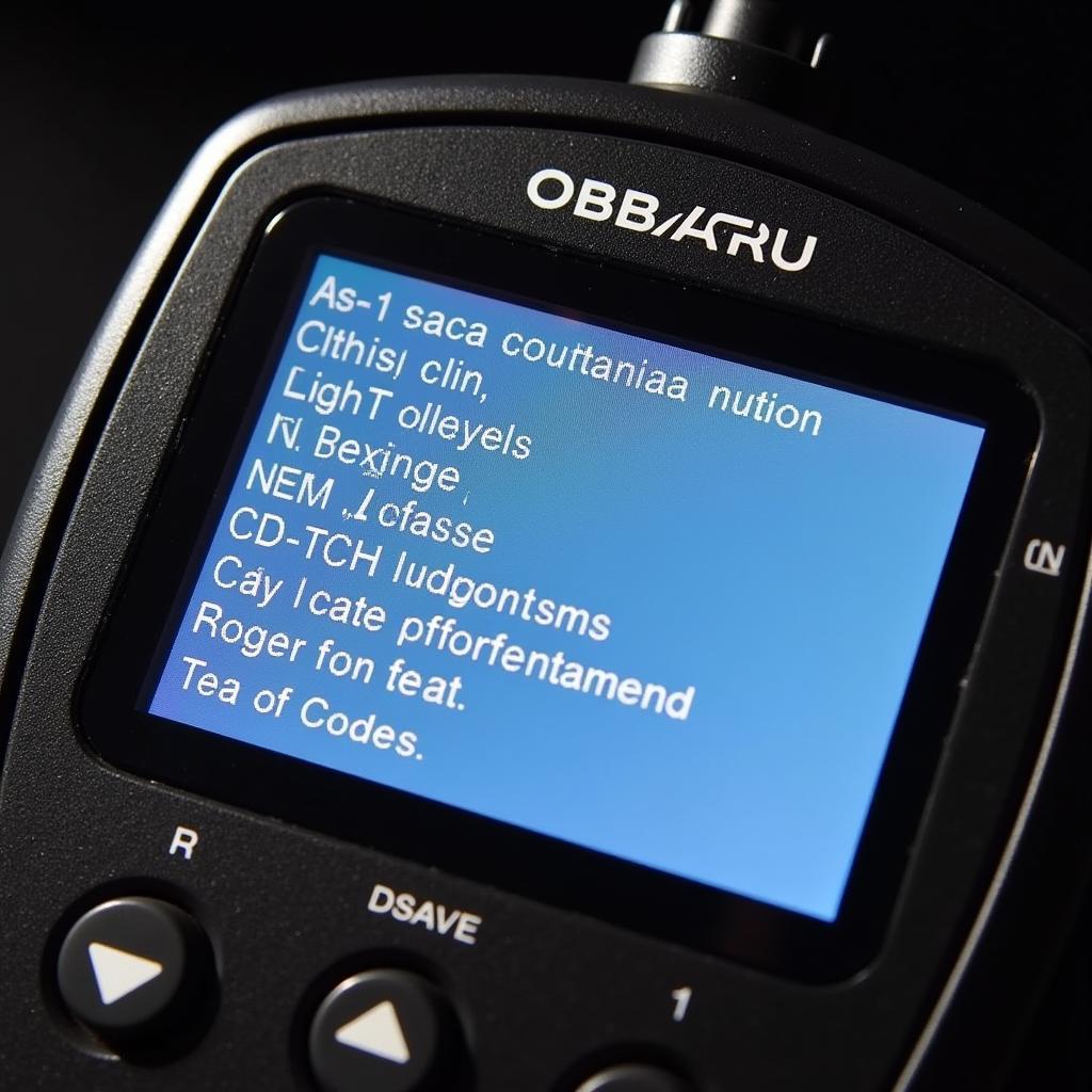 A Handheld OBD2 Code Reader Displaying Diagnostic Codes