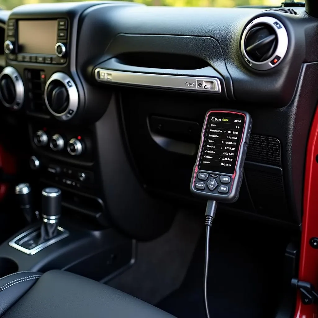 Jeep JK with an OBD2 Scanner connected to the dashboard