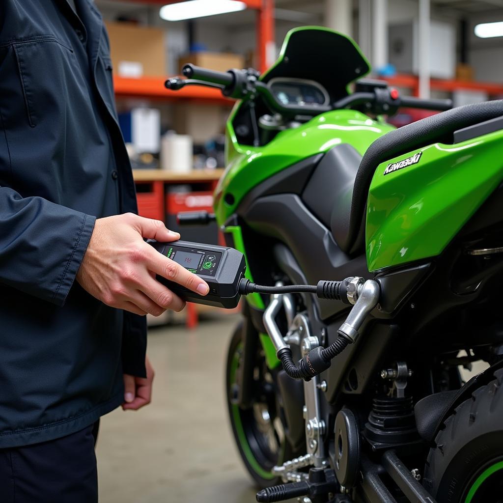 A mechanic connecting a Kawasaki 4-pin OBD2 scanner to a motorcycle