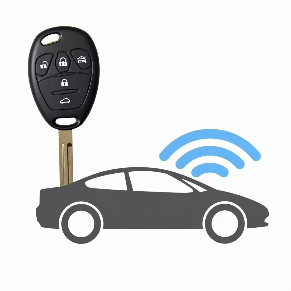 Graphic illustrating the signal transmission from a key fob to a car.