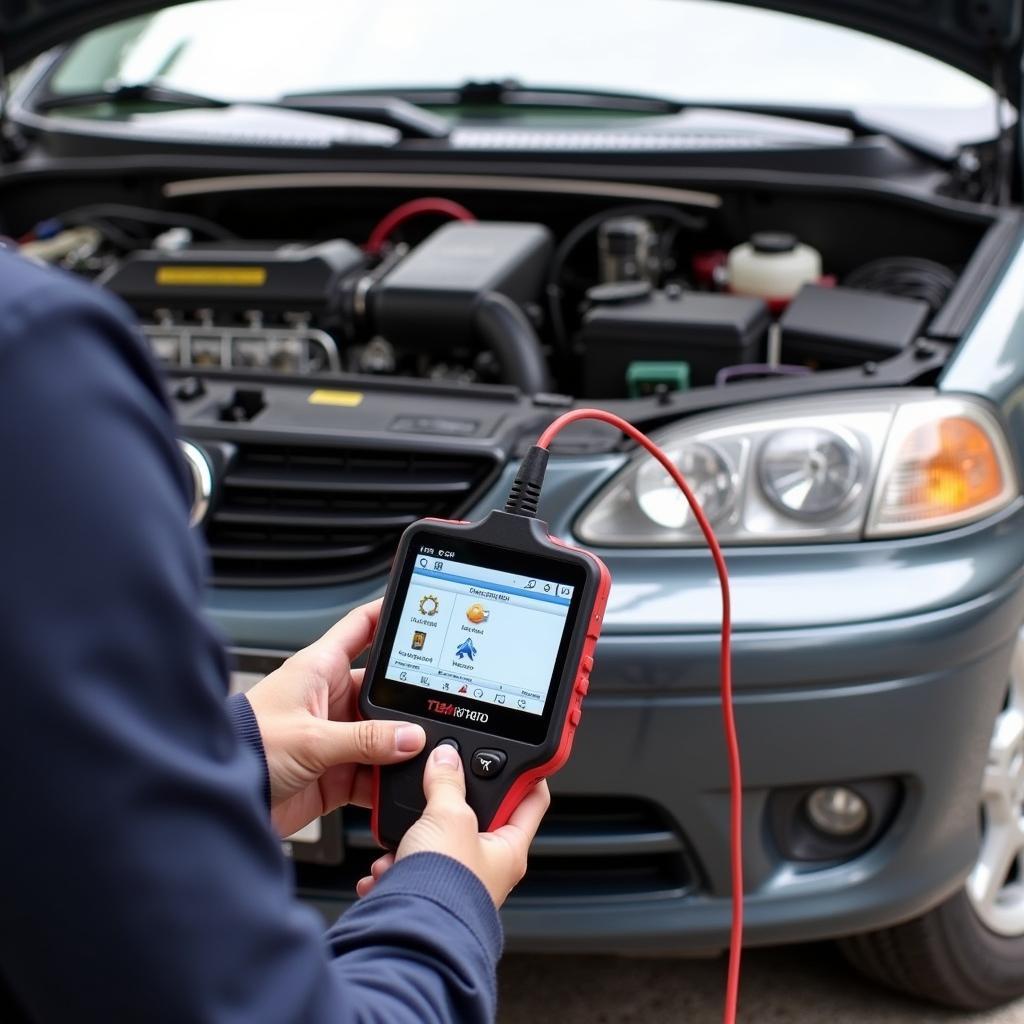 A person using the KONNWEI KW808 to diagnose their car.