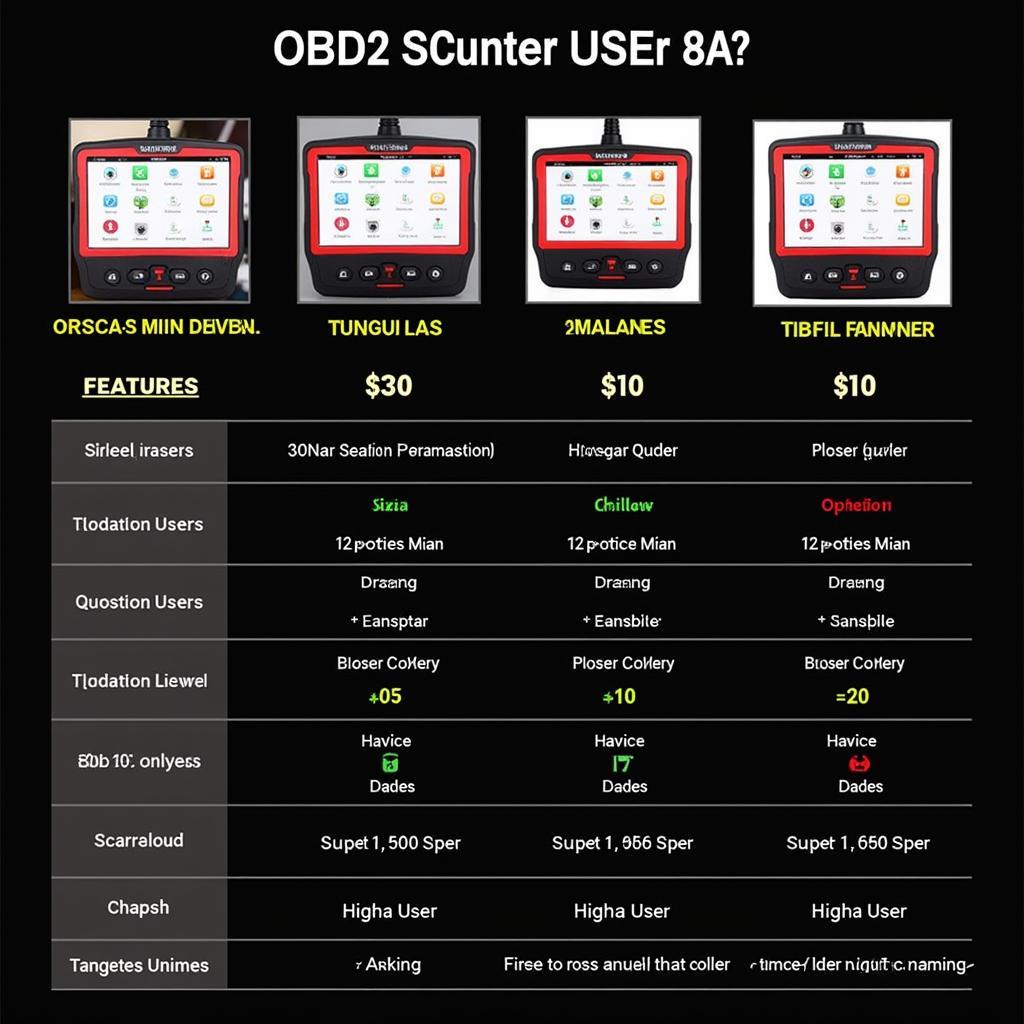 KungfuRen OBD2 Scanner Comparison Chart