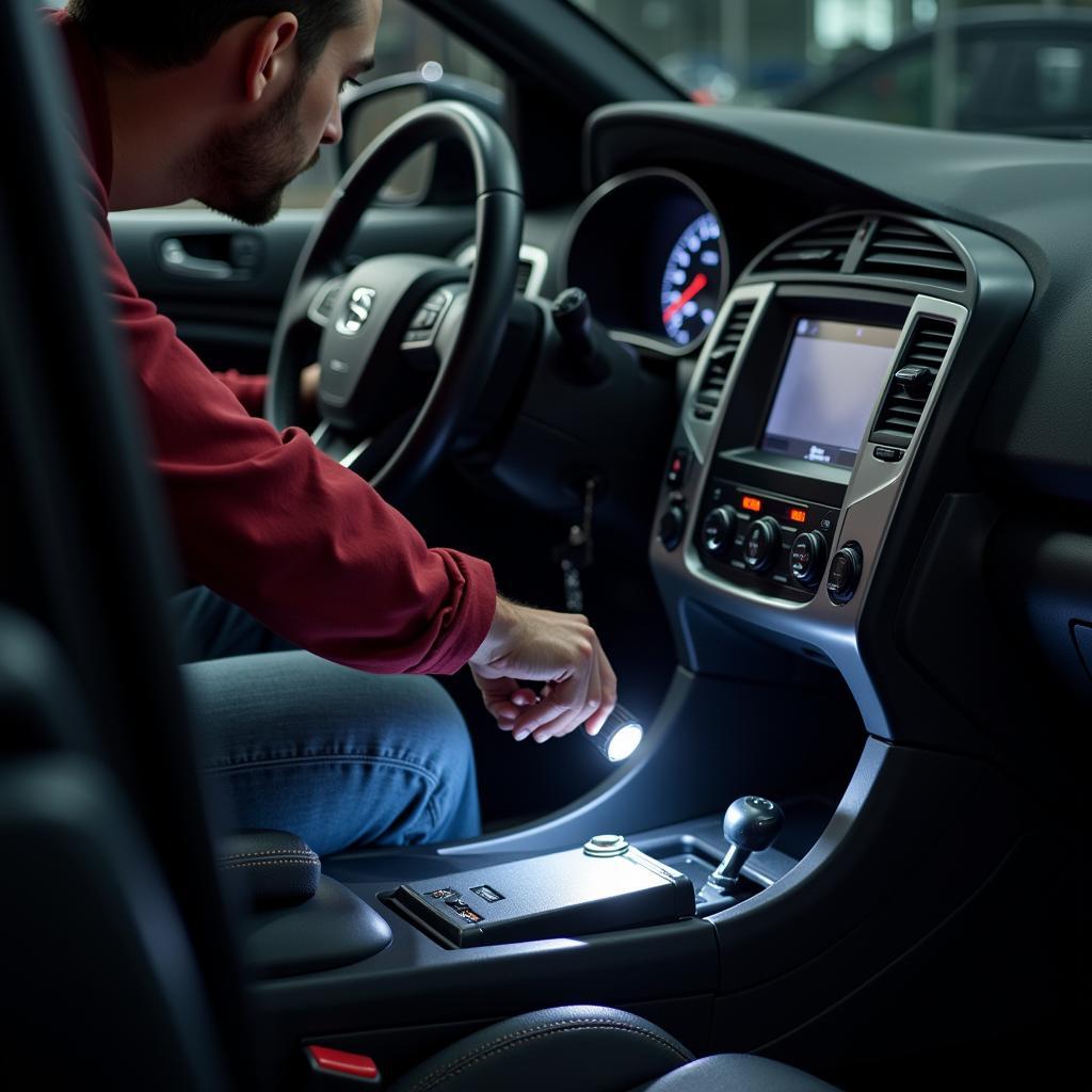 Mechanic locating the OBD2 port in a car