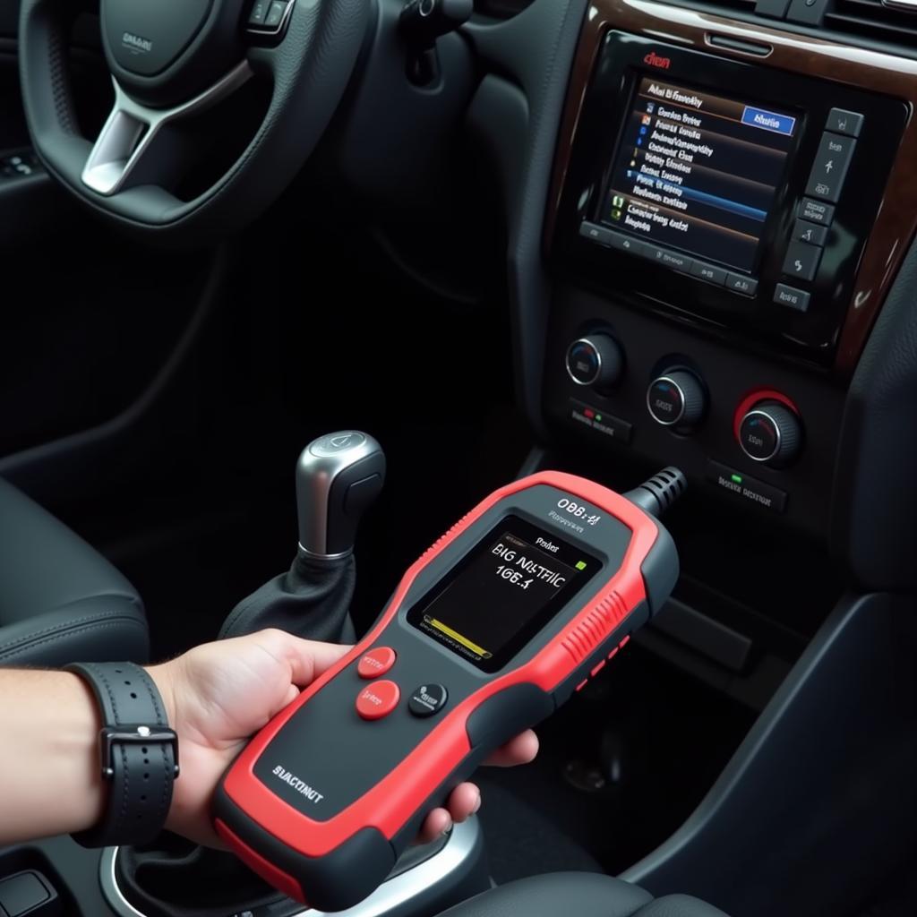 Low-end OBD2 scanner plugged into a car's OBD2 port