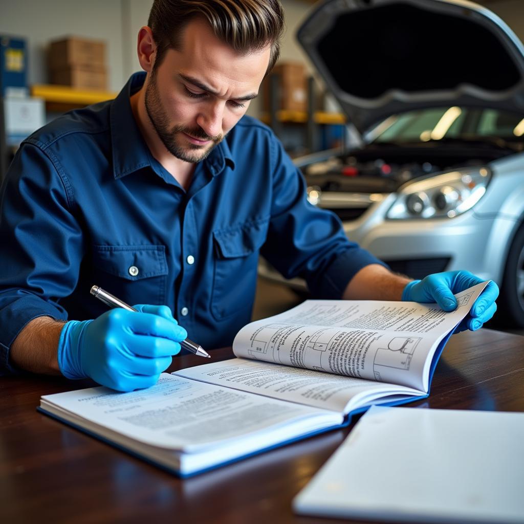 Mechanic Looking Up OBD2 Code in Manual