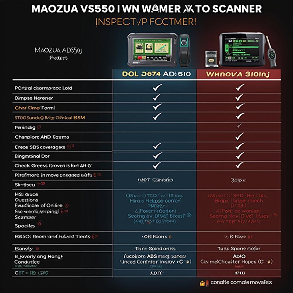 A table comparing the features and specifications of the Maozua VS550 OBD2 scanner with other popular OBD2 scanners in its price range.