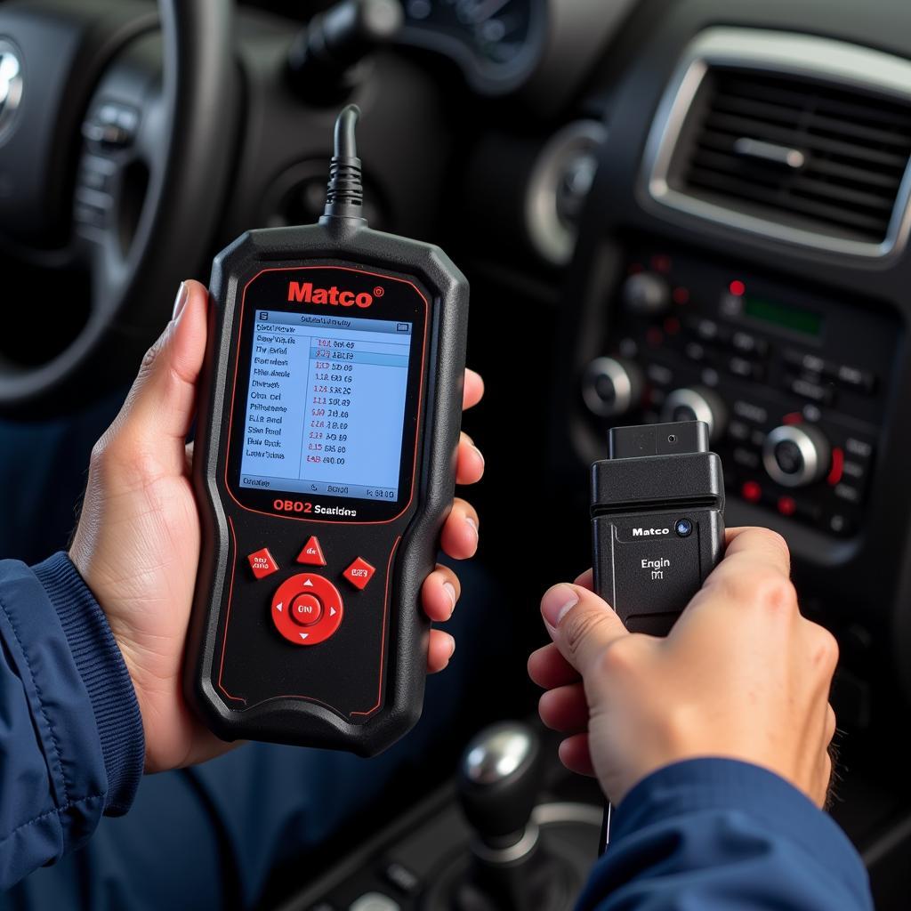 Mechanic using a Matco OBD2 scanner to diagnose a car engine