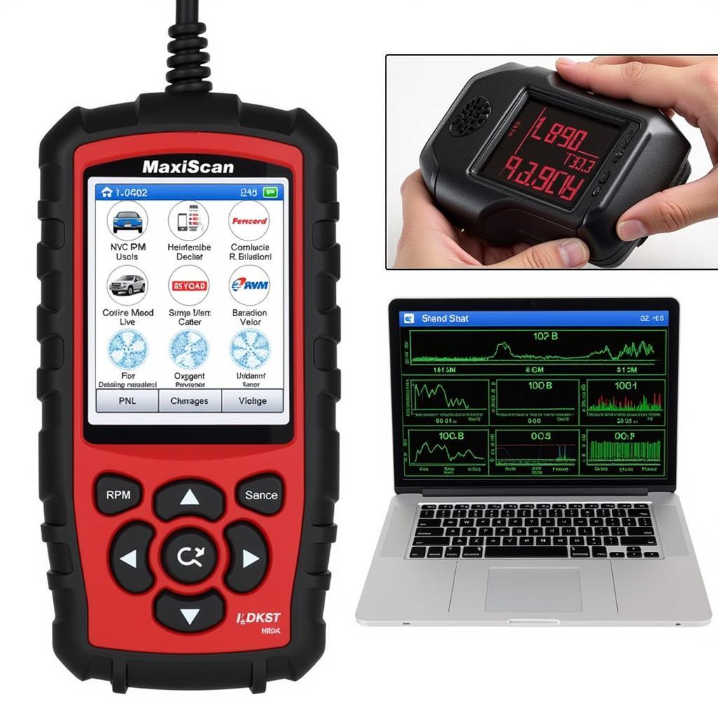 The MaxiScan MS509 OBD2 Scanner displaying live data readings from a car's engine.