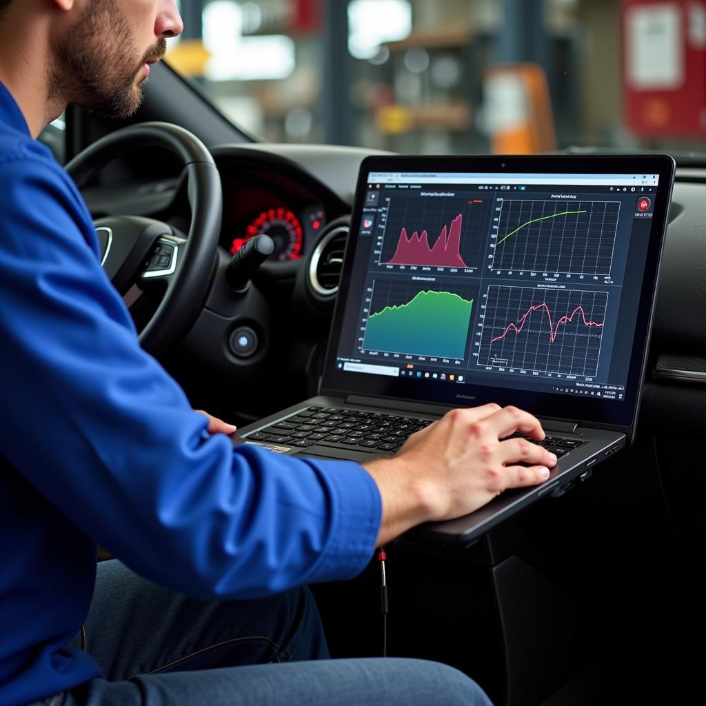 Mechanic Adjusting Engine Parameters Using Laptop