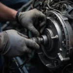 Mechanic adjusting the linkage of a manual transmission in a car