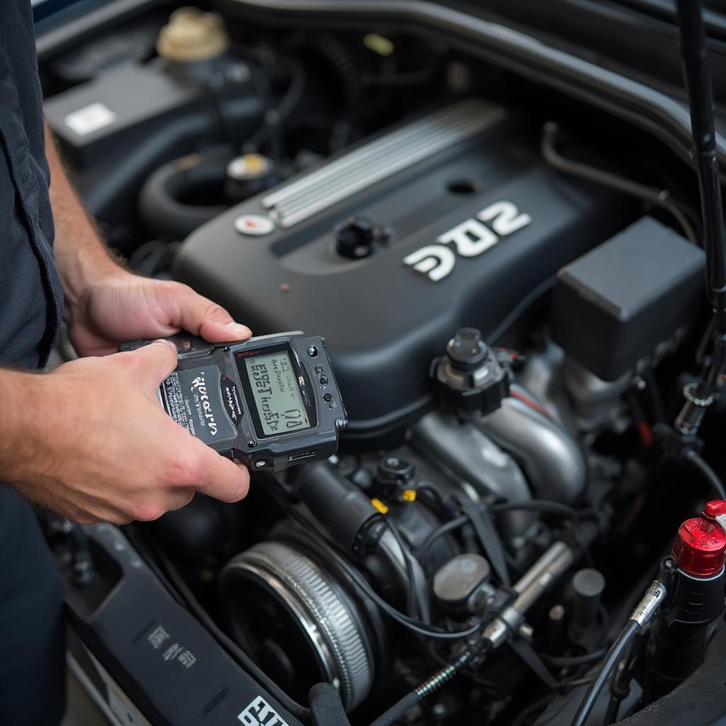 Mechanic adjusting Nitro engine settings using an OBD2 scanner