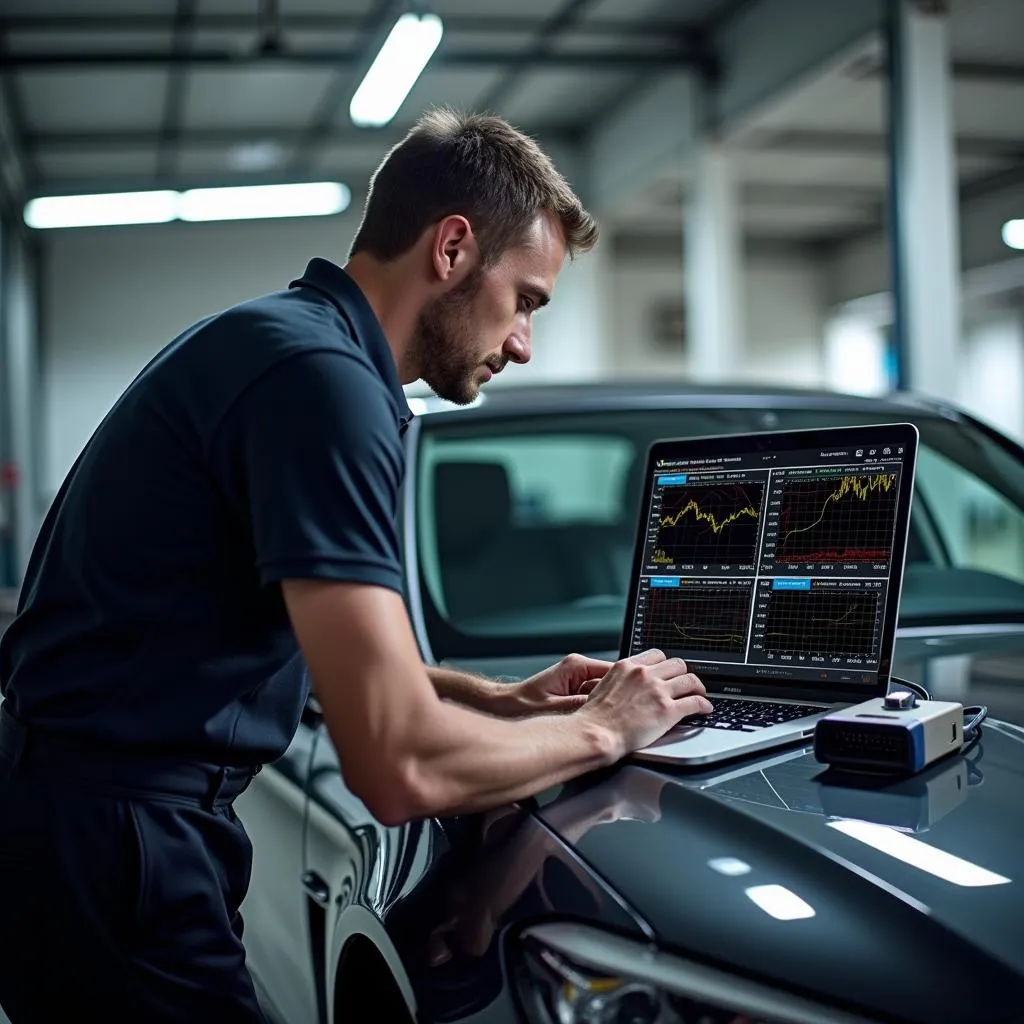 Mechanic analyzing car diagnostics on laptop connected to WiFi OBD2 scanner