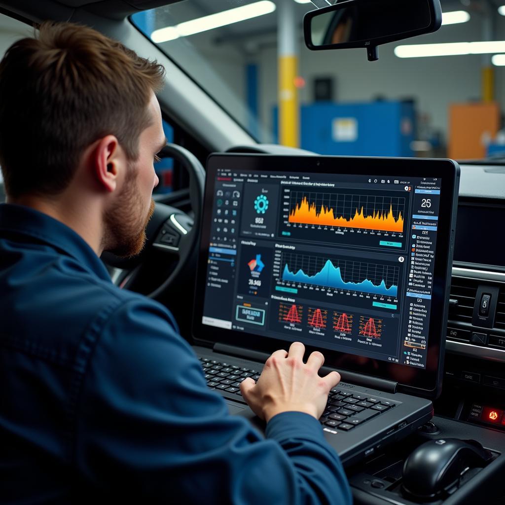 Mechanic Analyzing Data from OBD2 Software