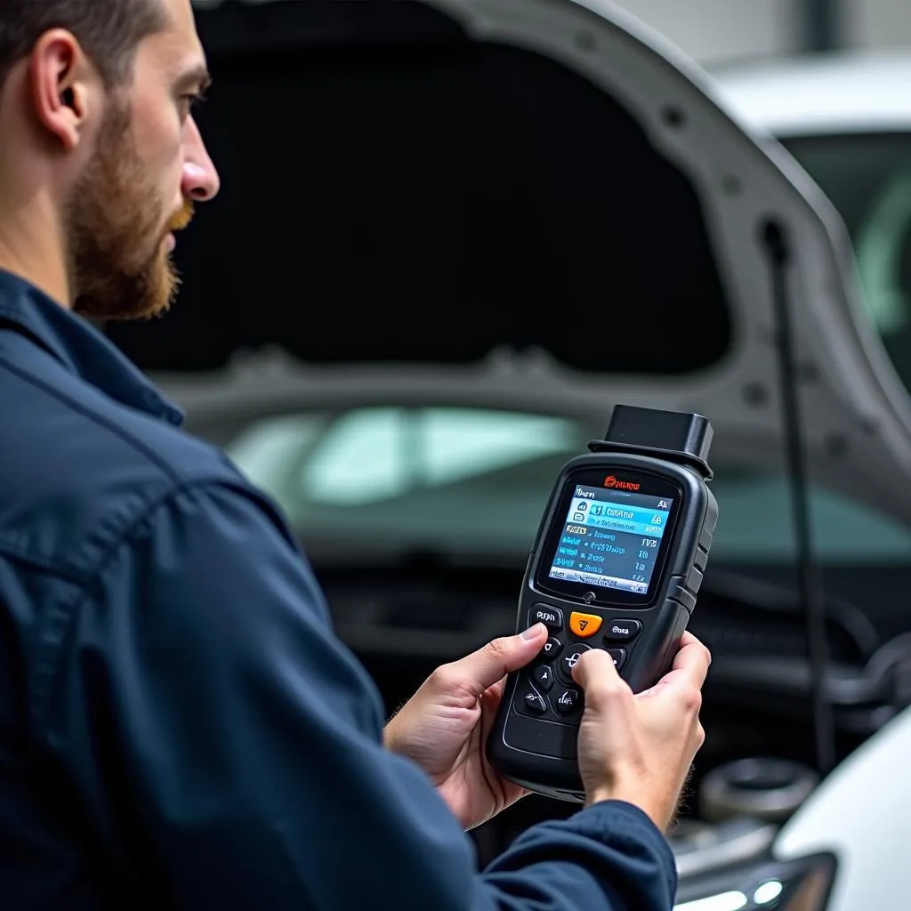 Mechanic using an OBD2 scanner to analyze car data