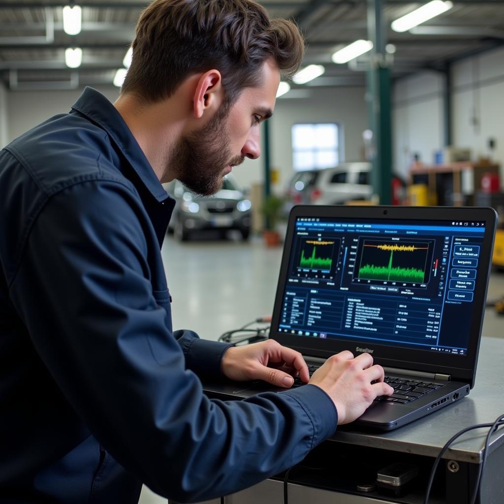 Mechanic Analyzing Freeze Frame Data on Laptop