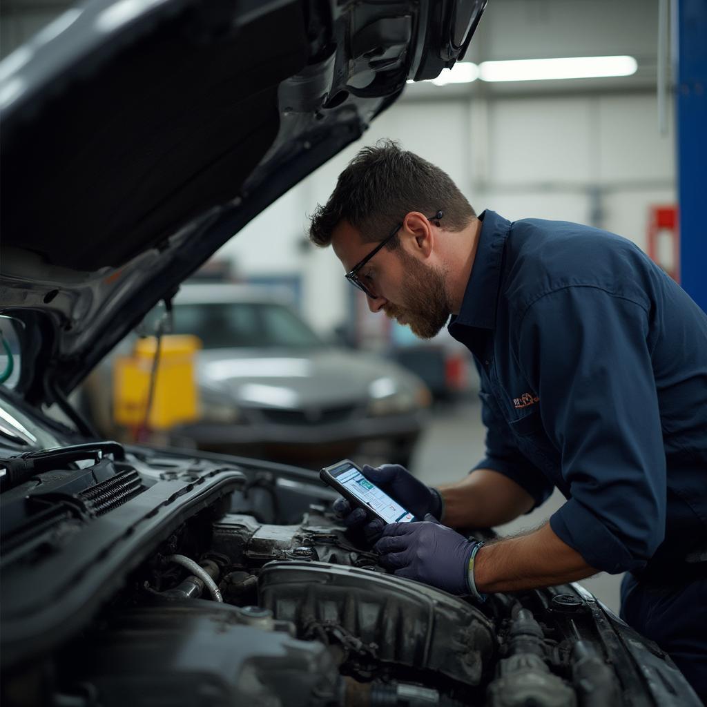 Mechanic Analyzing Live Data on OBD2 Scanner