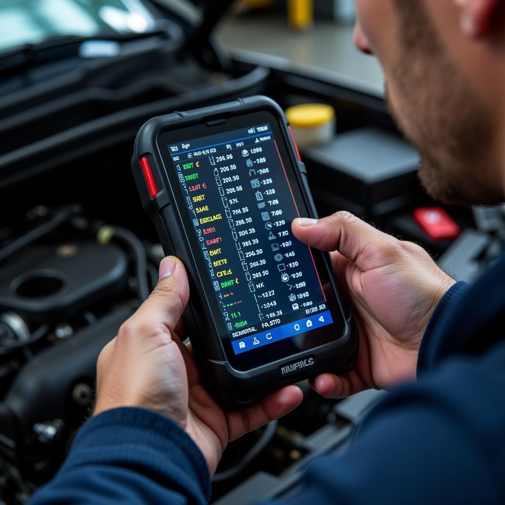 Mechanic analyzing data on an OBD2 scanner