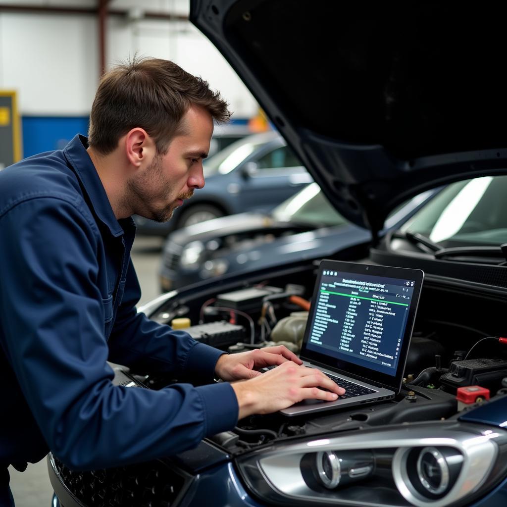 Mechanic Analyzing OBD2 Data on a Laptop