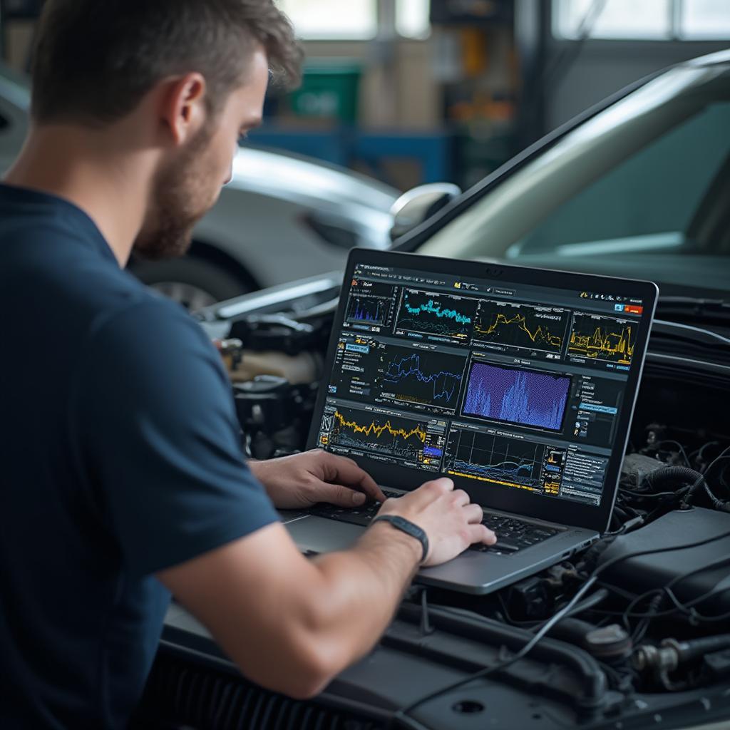 Mechanic analyzing OBD2 data on a laptop