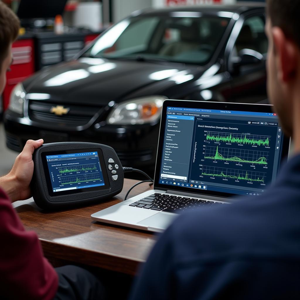 Mechanic Reviewing OBD2 Data on Laptop