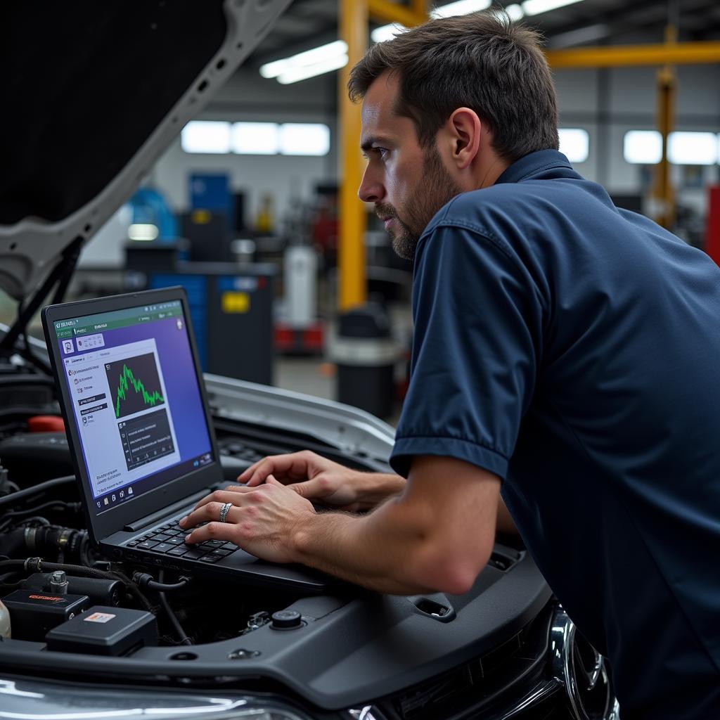 Mechanic Analyzing OBD2 Data on Laptop