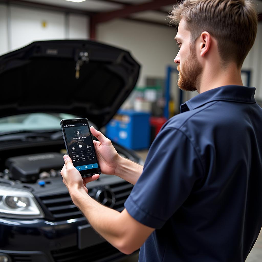 Mechanic Analyzing OBD2 Data on Smartphone