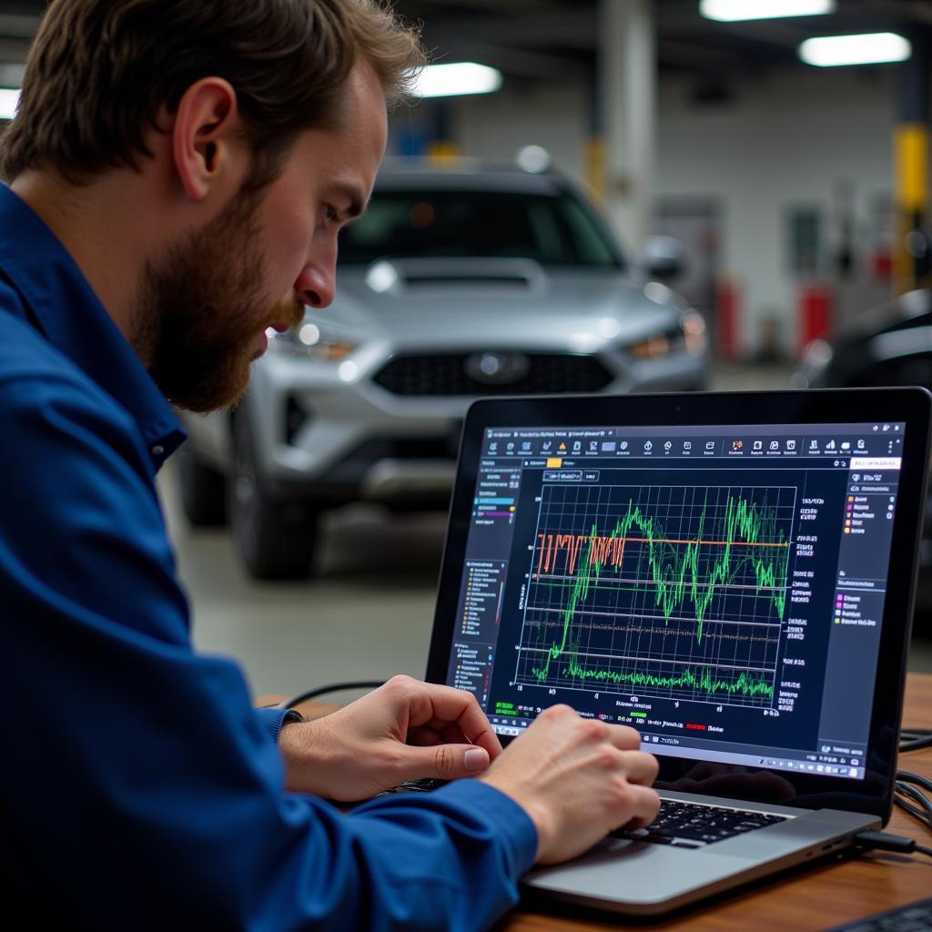 Mechanic Analyzing OBD2 Scan Results on a Laptop