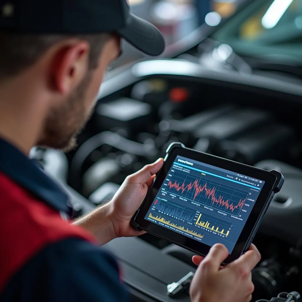 Mechanic examining data from an OBD2 scanner on a tablet