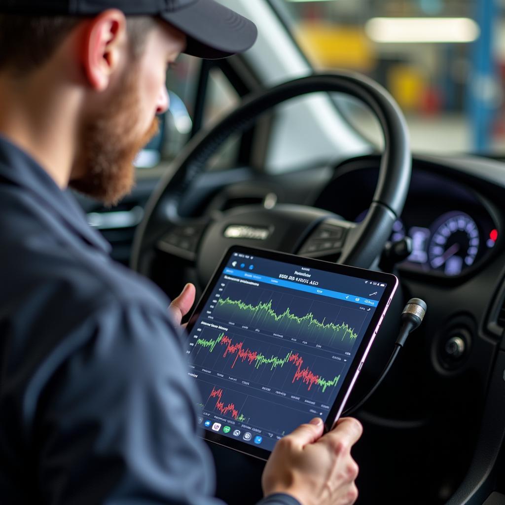 Mechanic Analyzing Speed Logs on Tablet