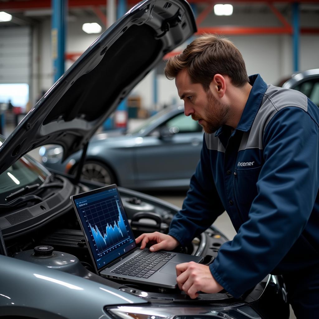 Mechanic Analyzing Tach Signal on Laptop