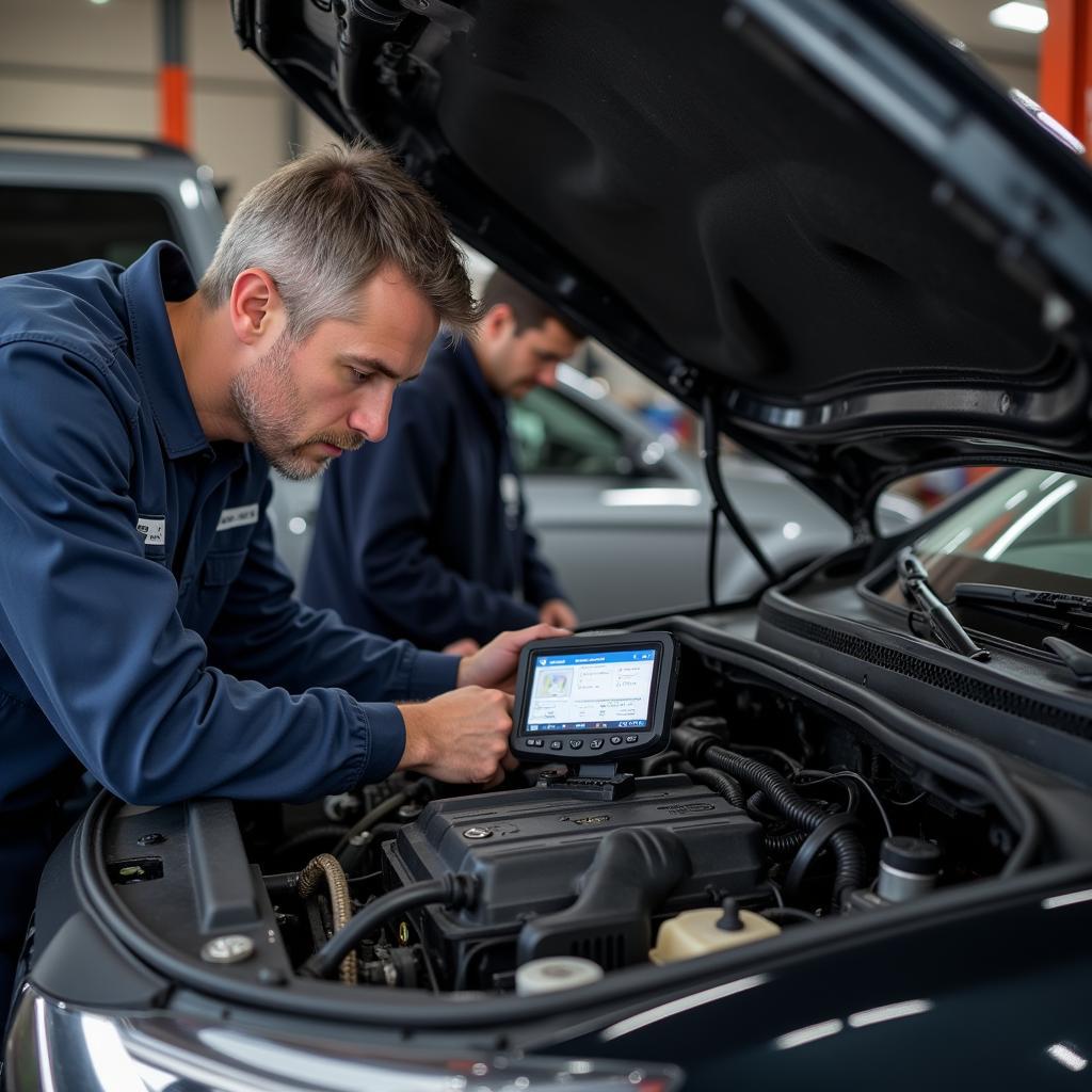 Mechanic inspecting a car engine with a professional OBD2 scanner