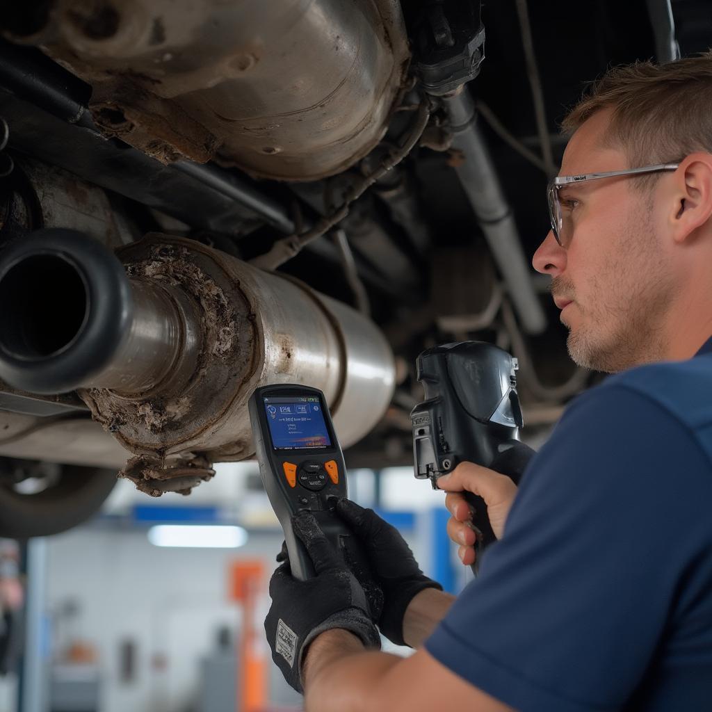 Mechanic checking the catalytic converter