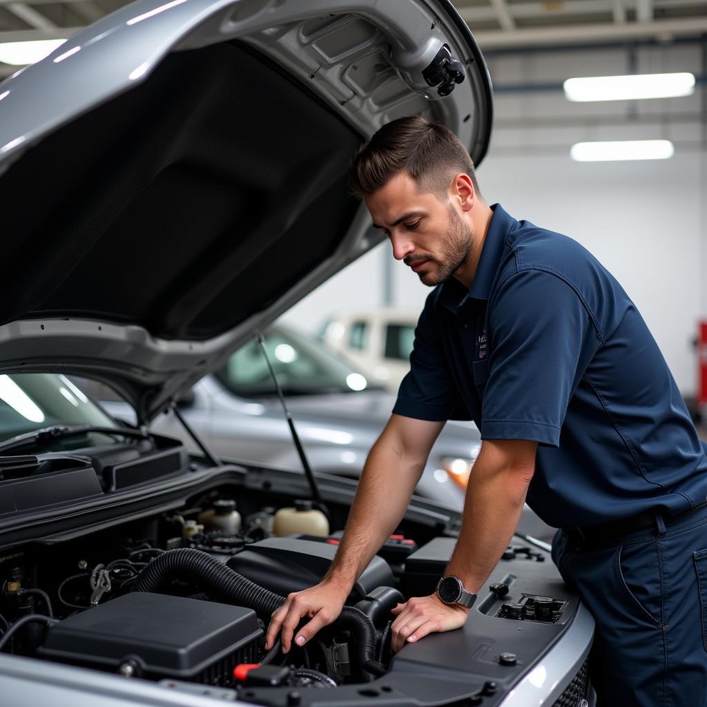 Mechanic inspecting Dodge Ram Engine