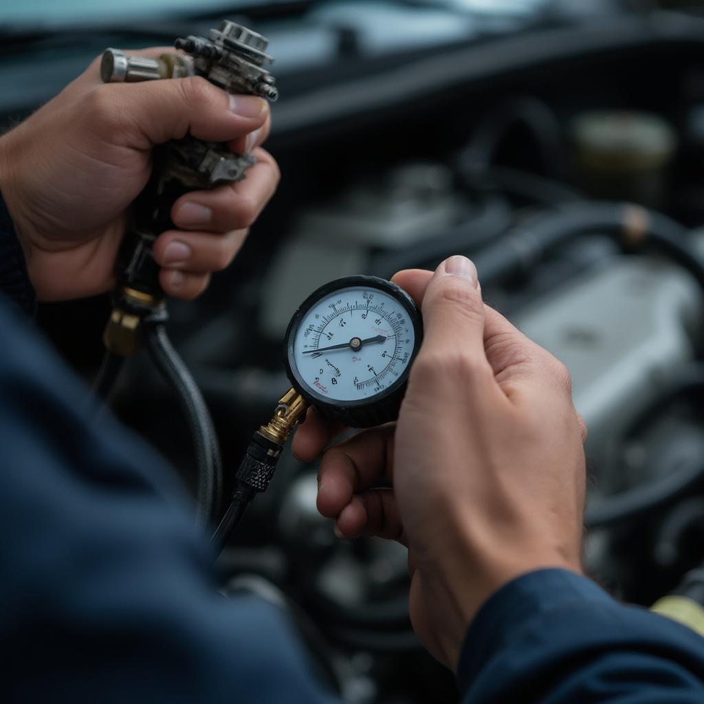 Mechanic checking fuel pressure with a gauge