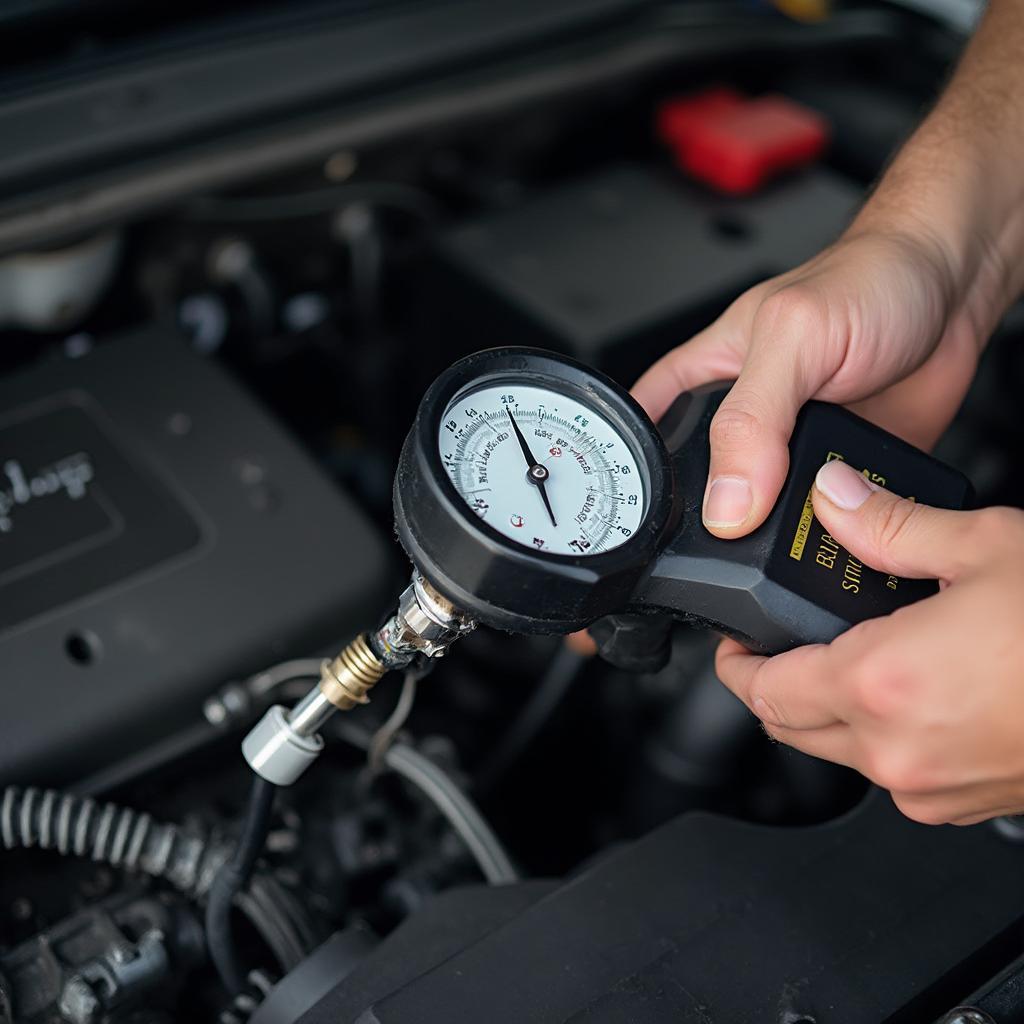 Mechanic Checking Fuel Pressure with Gauge