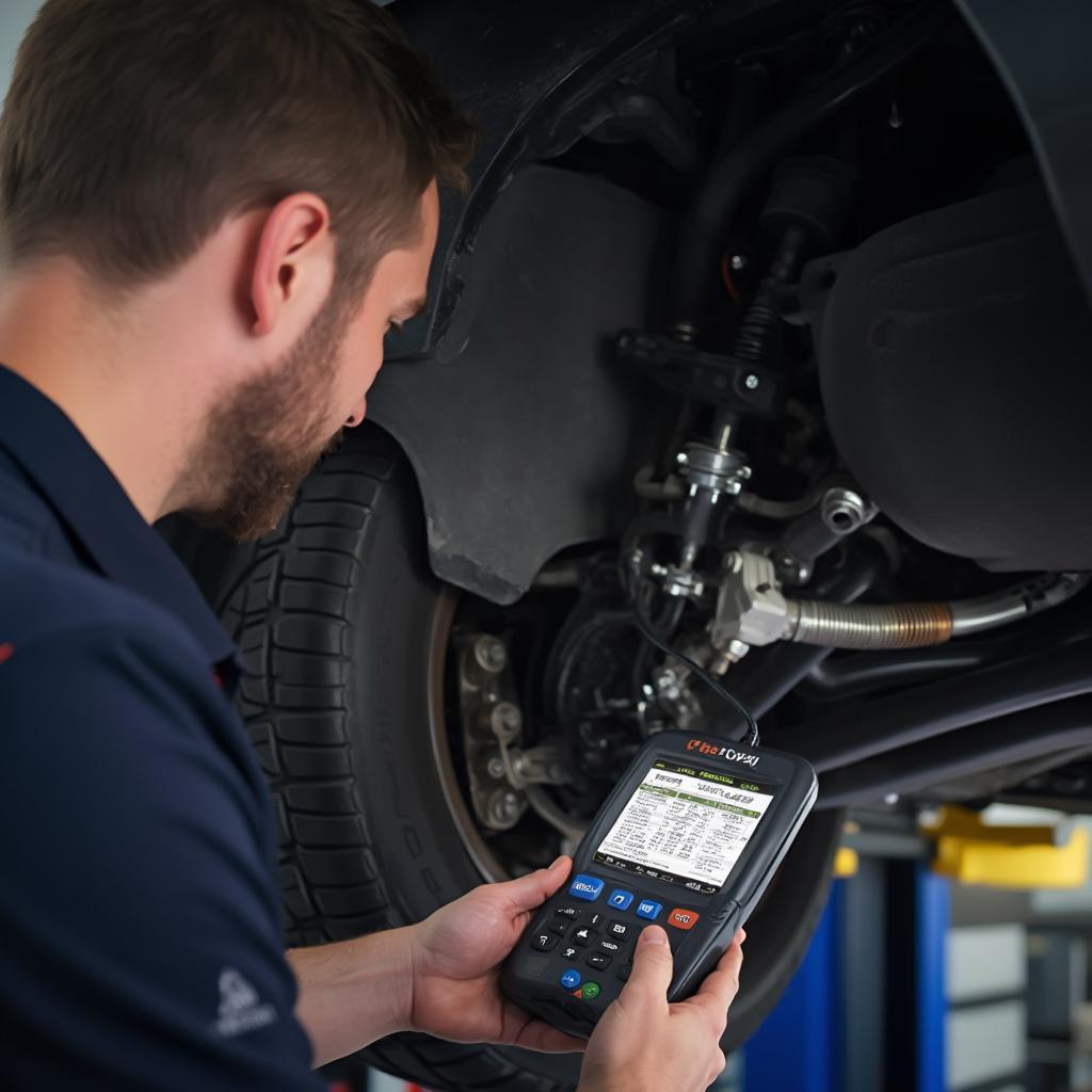 Mechanic Checking Oxygen Sensor with OBD2 Scanner