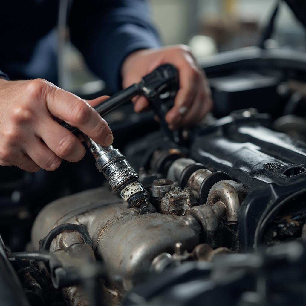 Mechanic Inspecting Spark Plugs