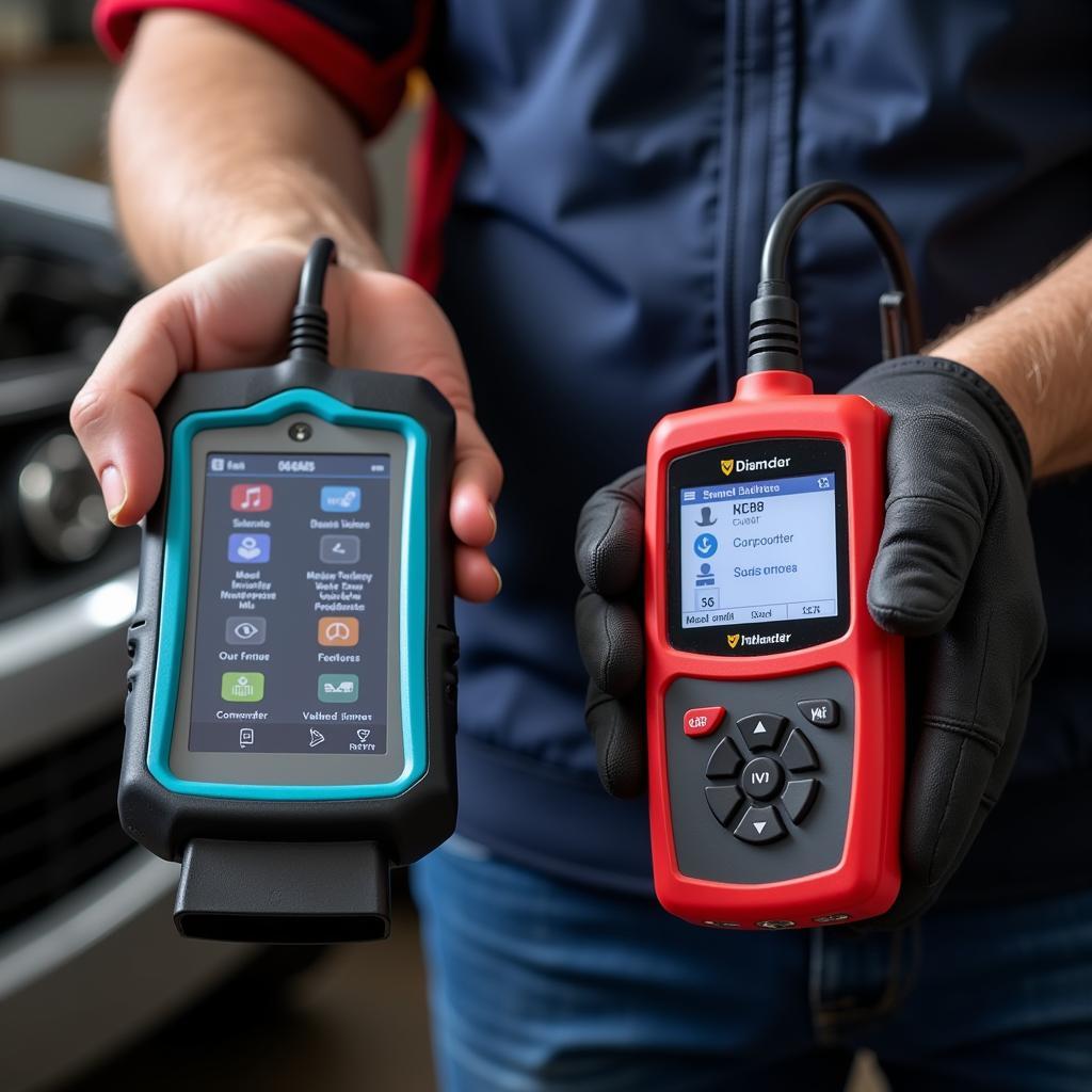 Mechanic comparing different OBD2 scanners