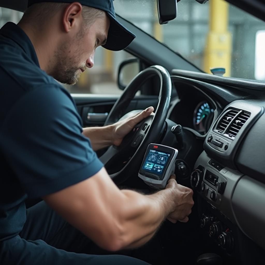 Mechanic Connecting OBD2 Scanner to a Car