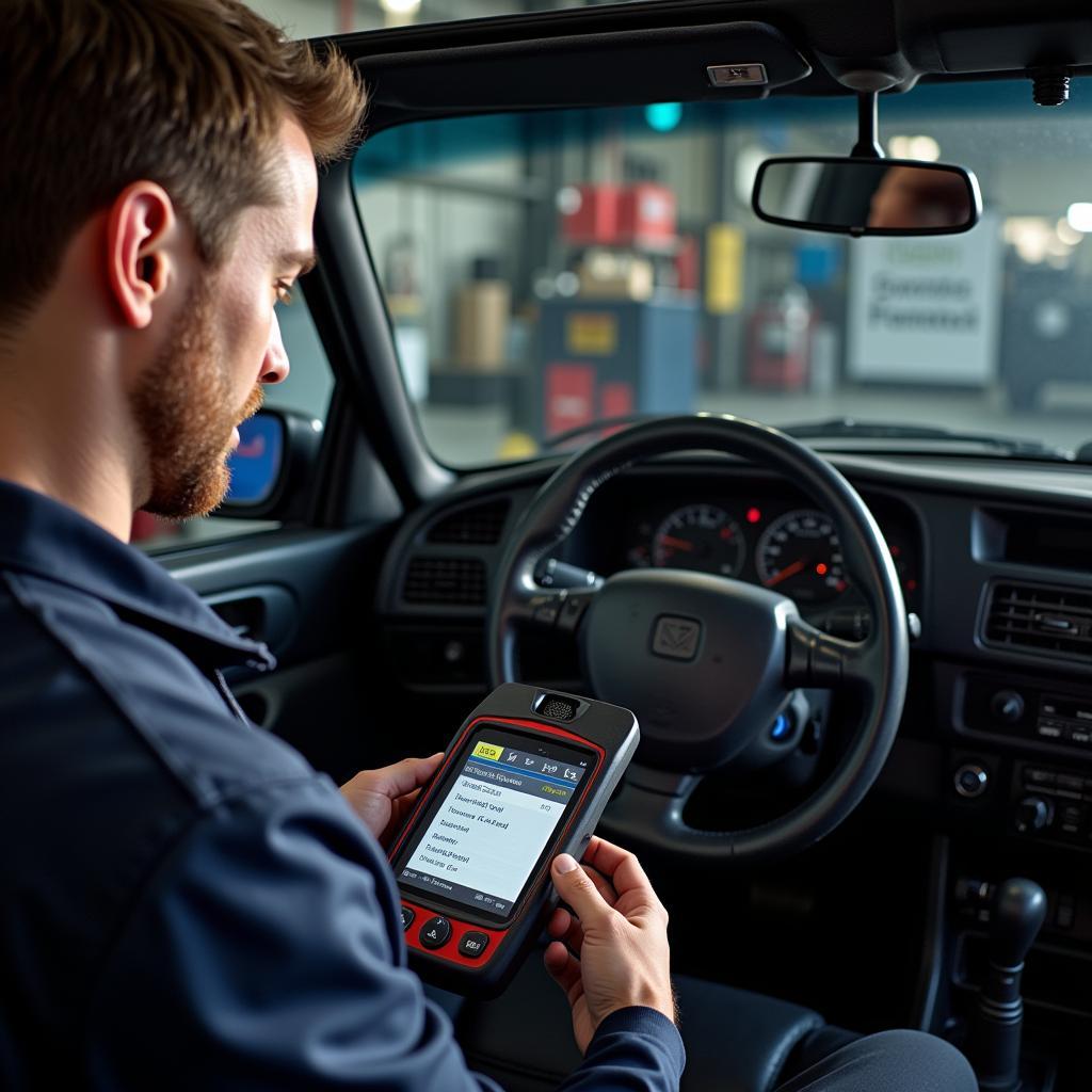 Mechanic Using OBD2 Scanner for Diagnosis