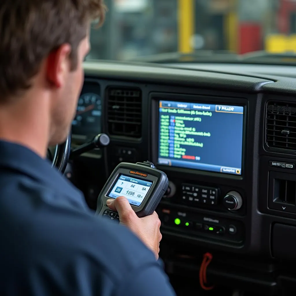 Mechanic Using OBD2 Scanner to Diagnose 1999 Astro Van