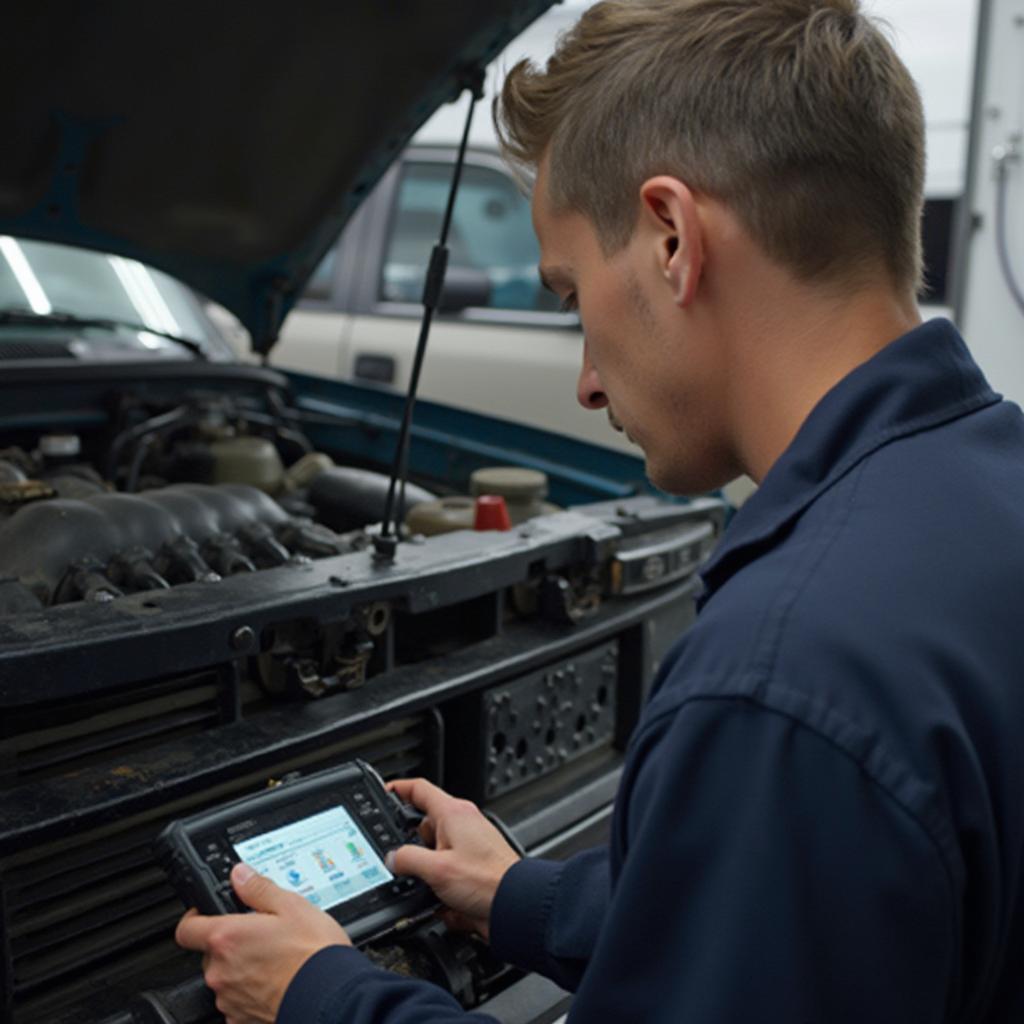 Mechanic Diagnosing 2001 Chevy Silverado with OBD2 Scanner